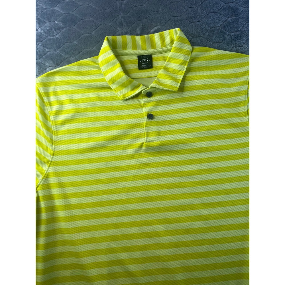 Oakley Hydrolix Polo Shirt Mens L Neon Yellow White Striped Golf Performance EXC